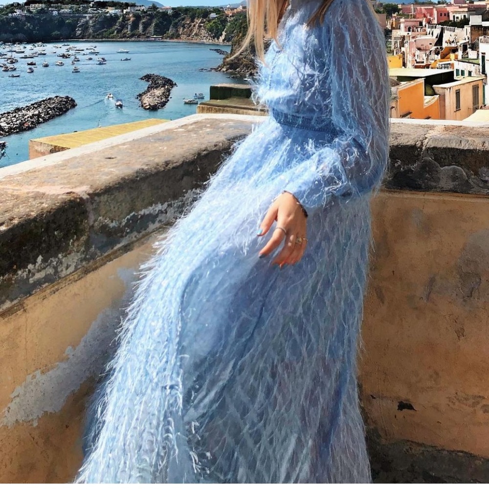 Ulla Johnson style dreamy eyelash dress in baby blue. Zipped back, below knee
